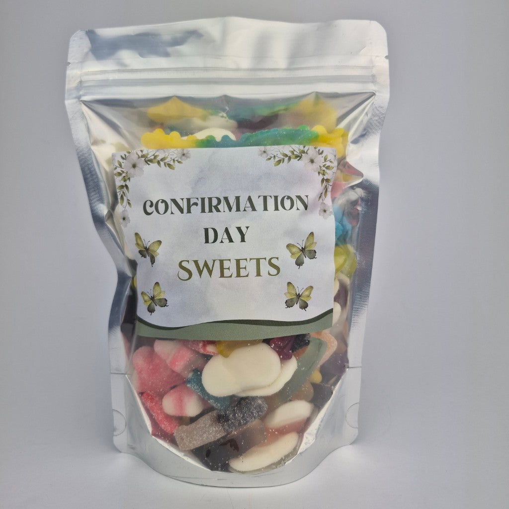A pouch bag labeled 'CONFIRMATION DAY SWEETS' filled with various candies and jellies.