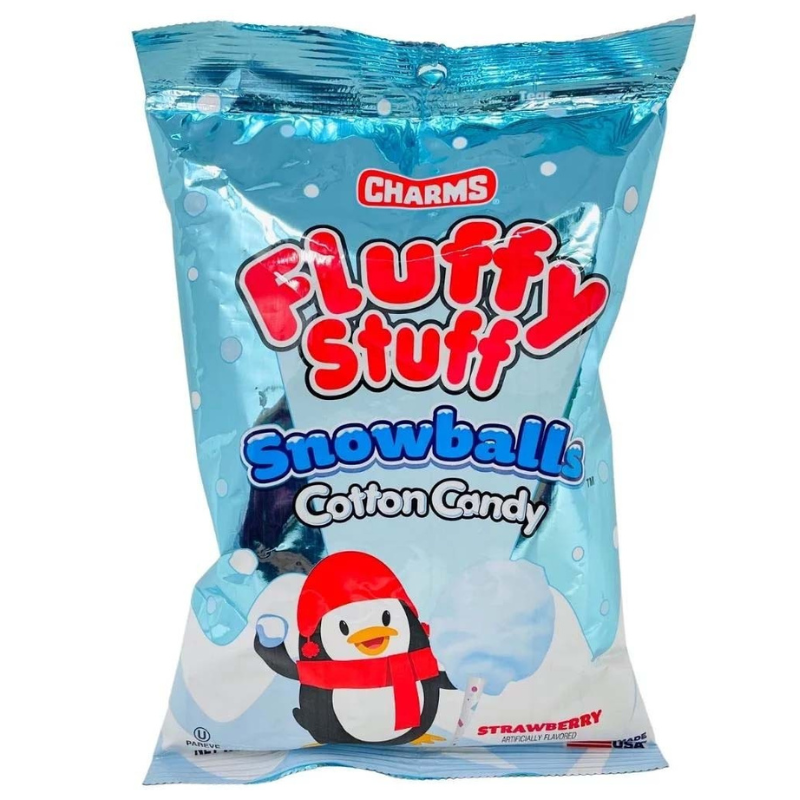 Packaging of Charms Fluffy Stuff Snowballs Cotton Candy with a penguin illustration on a white background.