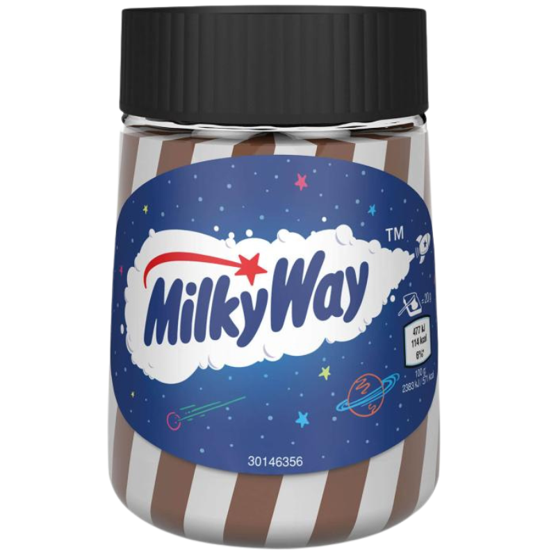 Milky Way candy jar with black lid and blue label on a white background