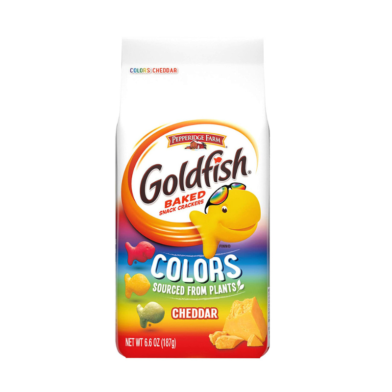 A package of Pepperidge Farm Goldfish Colors Cheddar Crackers, 187g, with a colorful design featuring goldfish and cheese.