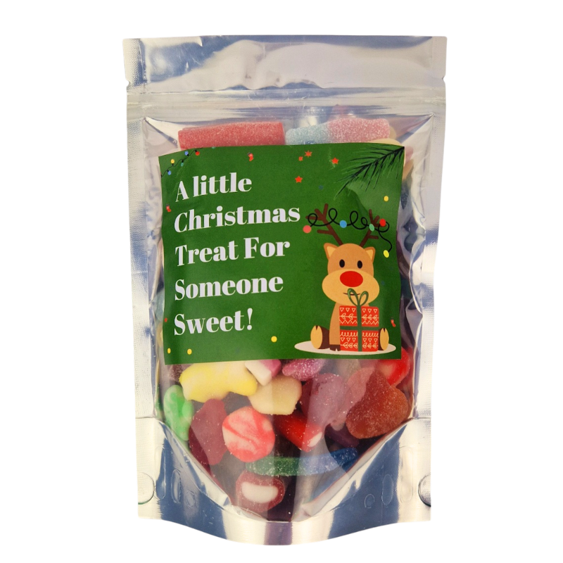 Christmas Pouch Bag of jellies in large and small sizes. Filled with gummy and fizzy jellies