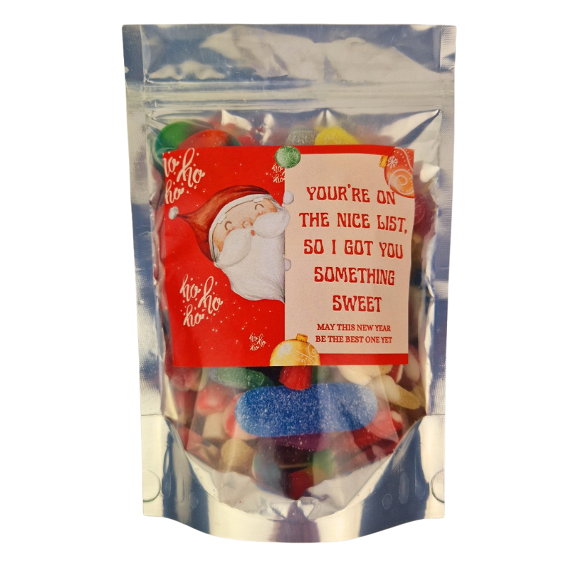 Christmas Pouch Bag of jellies in large and small sizes. Filled with gummy and fizzy jellies