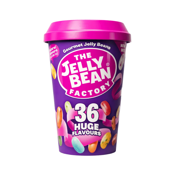 A tub of The Jelly Bean Factory gourmet jelly beans with 36 different flavours, featuring a pink lid and label with colorful beans displayed.