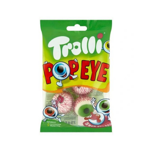 A package of Trolli Pop Eye candy featuring fruit gum candies with red candy eyes on a green background.