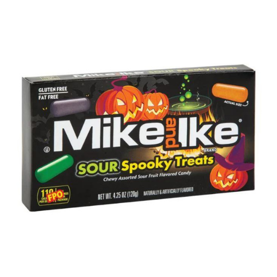 A box of Mike & Ike Sour Spooky Treats, featuring Halloween-themed packaging with images of pumpkins and ghosts.