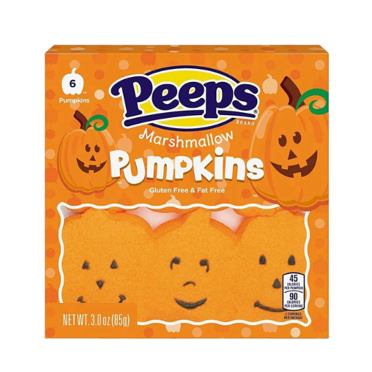 Packaging of Peeps Marshmallow Pumpkins with six pumpkin-shaped marshmallows displayed on the front, against an orange background with Halloween-themed decorations.