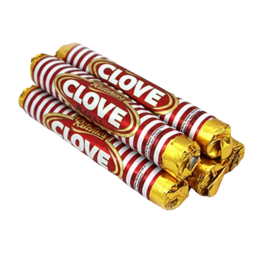 Three Clove candy bars with red and white striped wrappers on a white background