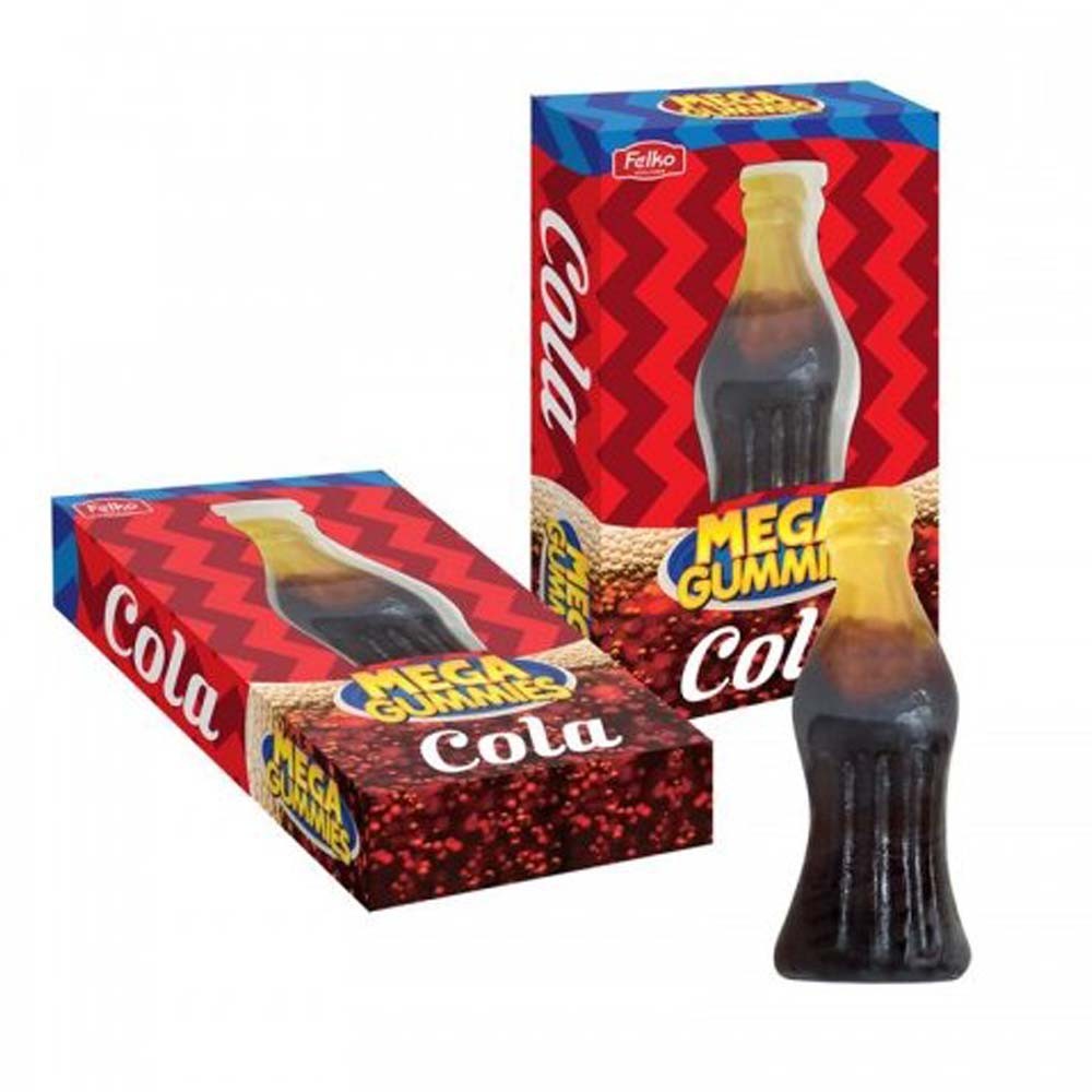 Packaging for Mega Gummies Cola 600g showing a box and a bottle-shaped container with a cola beverage image and text.