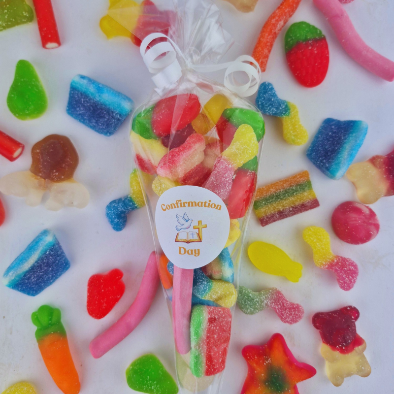 Colorful gummy candies in a clear bag with a 'Confirmation Day' label on a white background.