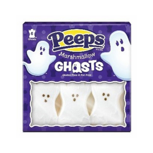 Pack of Peeps Marshmallow Ghosts on a purple background