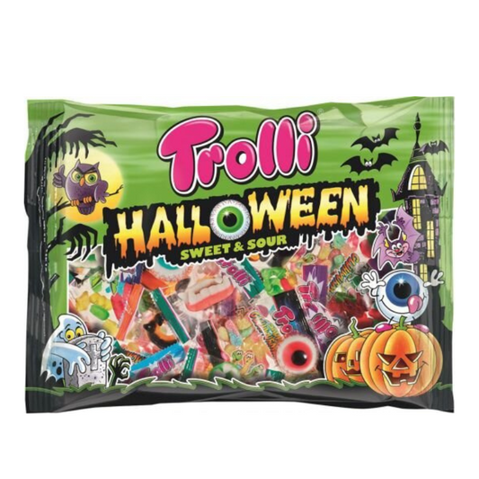 Trolli Halloween Sweet & Sour candy bag with colorful candies and spooky graphics on a green background.
