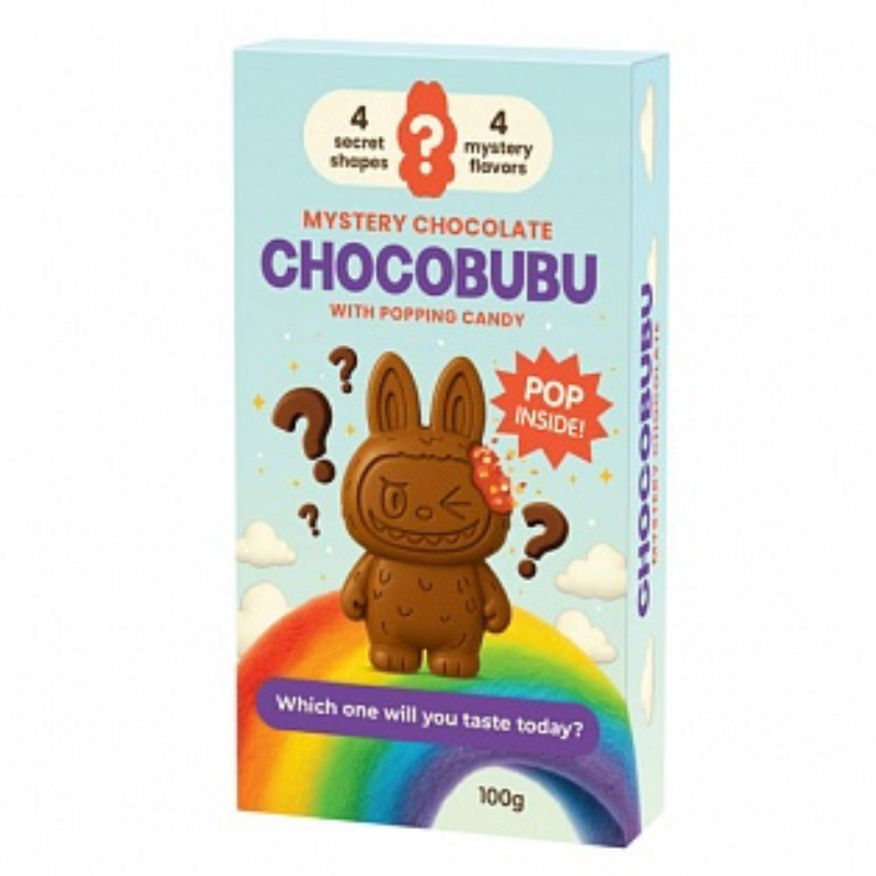 Box of Chocobubu chocolate with a bunny design and colorful packaging.