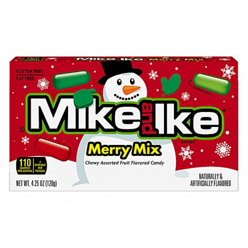 Mike and Ike Merry Mix candy box with a snowman design on a red background