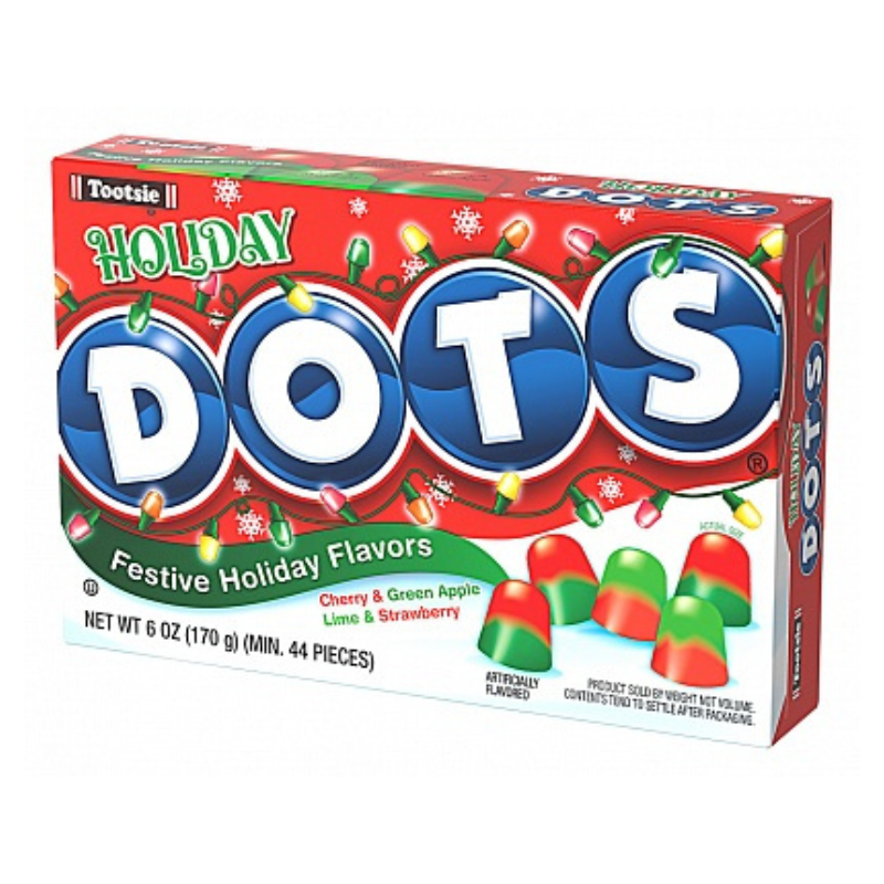 Box of Tootsie Holiday Dots candy with festive design on a white background