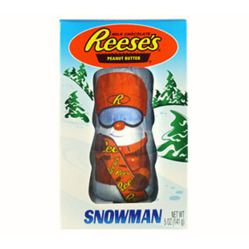 Reese's Peanut Butter Snowman candy packaging with a snowy background