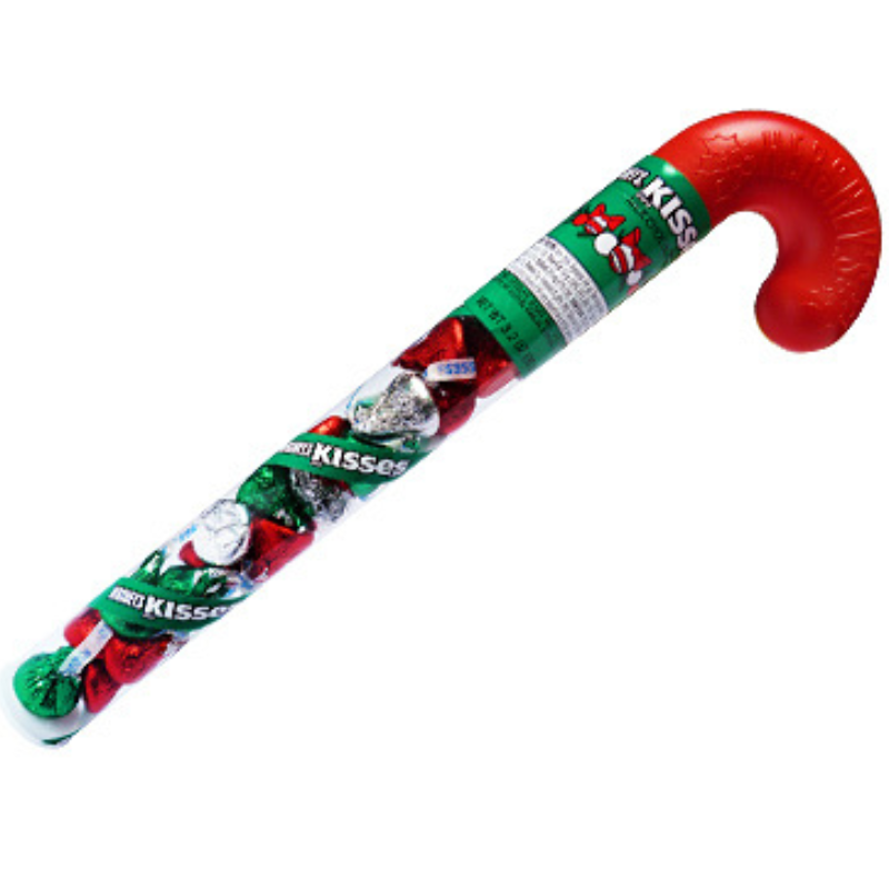 Candy cane-shaped package of Hershey's Kisses on a white background