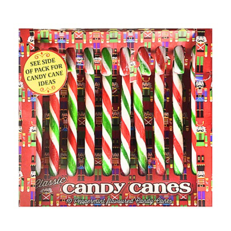 Box of candy canes with a festive design on a white background