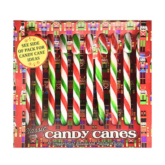 Box of candy canes with a festive design on a white background