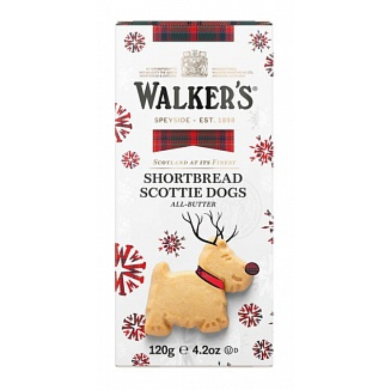 Box of Walkers Shortbread Scottie Dogs with a dog illustration on a white background