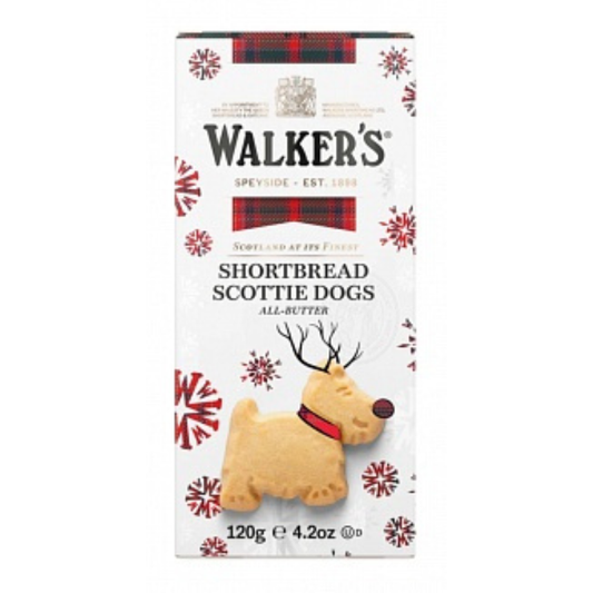 Box of Walkers Shortbread Scottie Dogs with a dog illustration on a white background