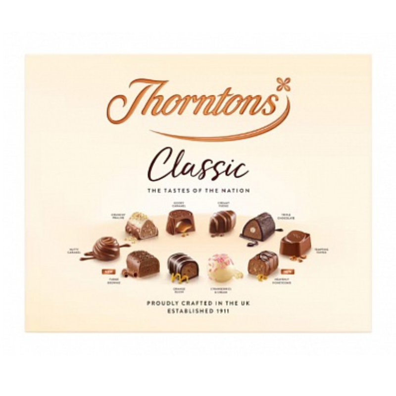 Thorntons Classic chocolate selection with brand name and product names on a beige background