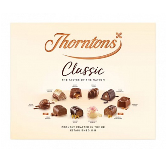 Thorntons Classic chocolate selection with brand name and product names on a beige background