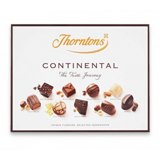 Thorntons Continental chocolate box with various chocolate pieces on a white background