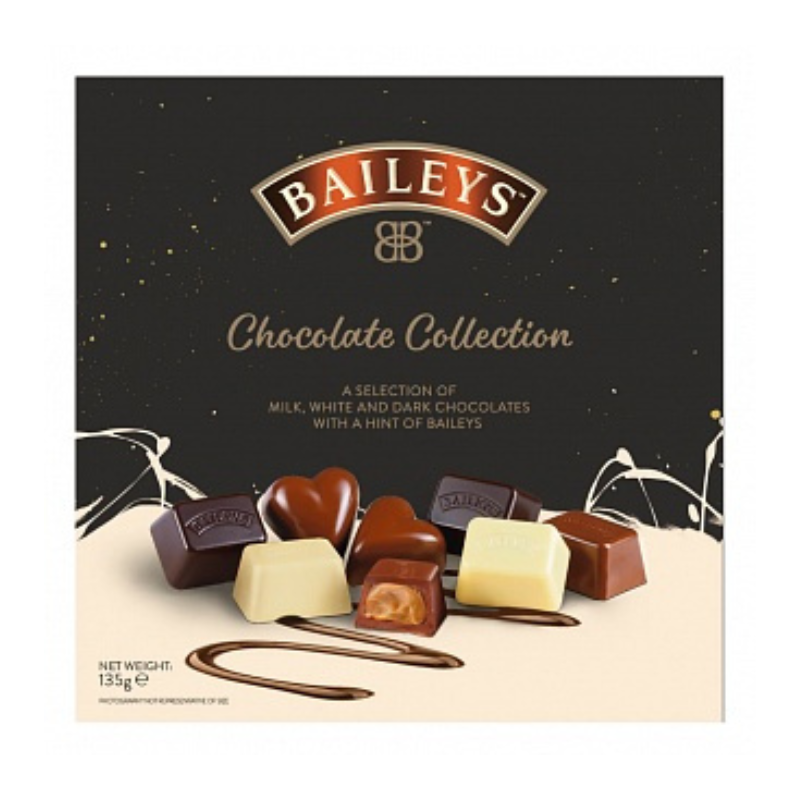 Baileys Chocolate Collection packaging with various chocolates on a dark background