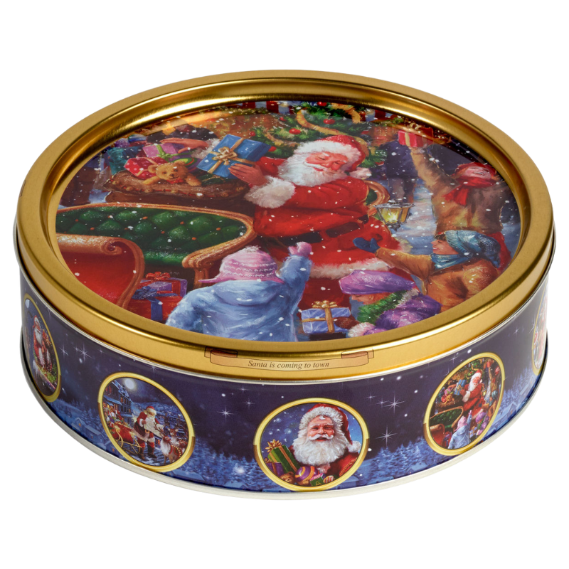 Decorative Christmas tin with Santa Claus and reindeer design on a white background