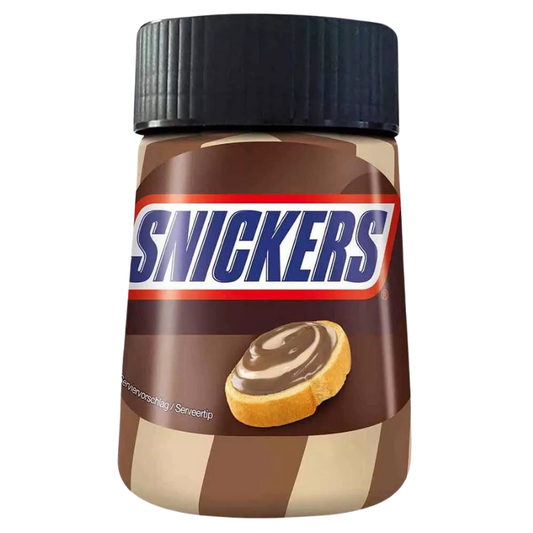 Jar of Snickers chocolate spread on a white background