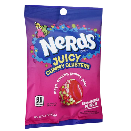 Nerds Juicy Gummy Clusters packaging with colorful design on a white background