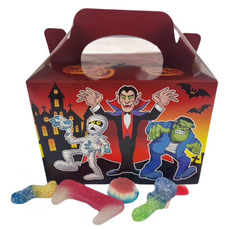Halloween-themed candy box with cartoon characters and gummy candies on a white background