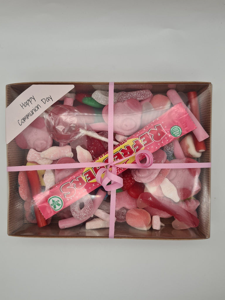 Happy Communion Day Treat Box with Pink Ribbon
